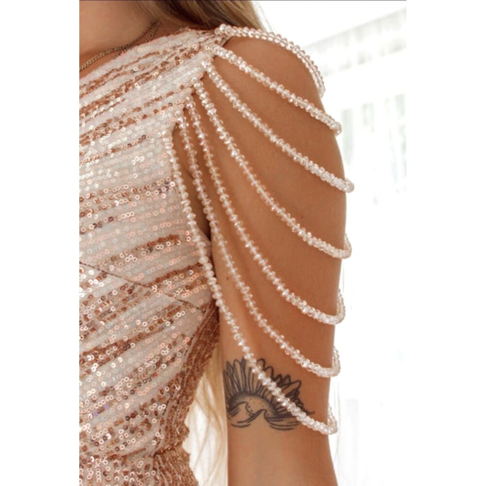 Kalinnu Beaded Shoulder Sequin Gown Rose Gold Draped Formal Dress Slit L Wedding - Picture 3 of 13